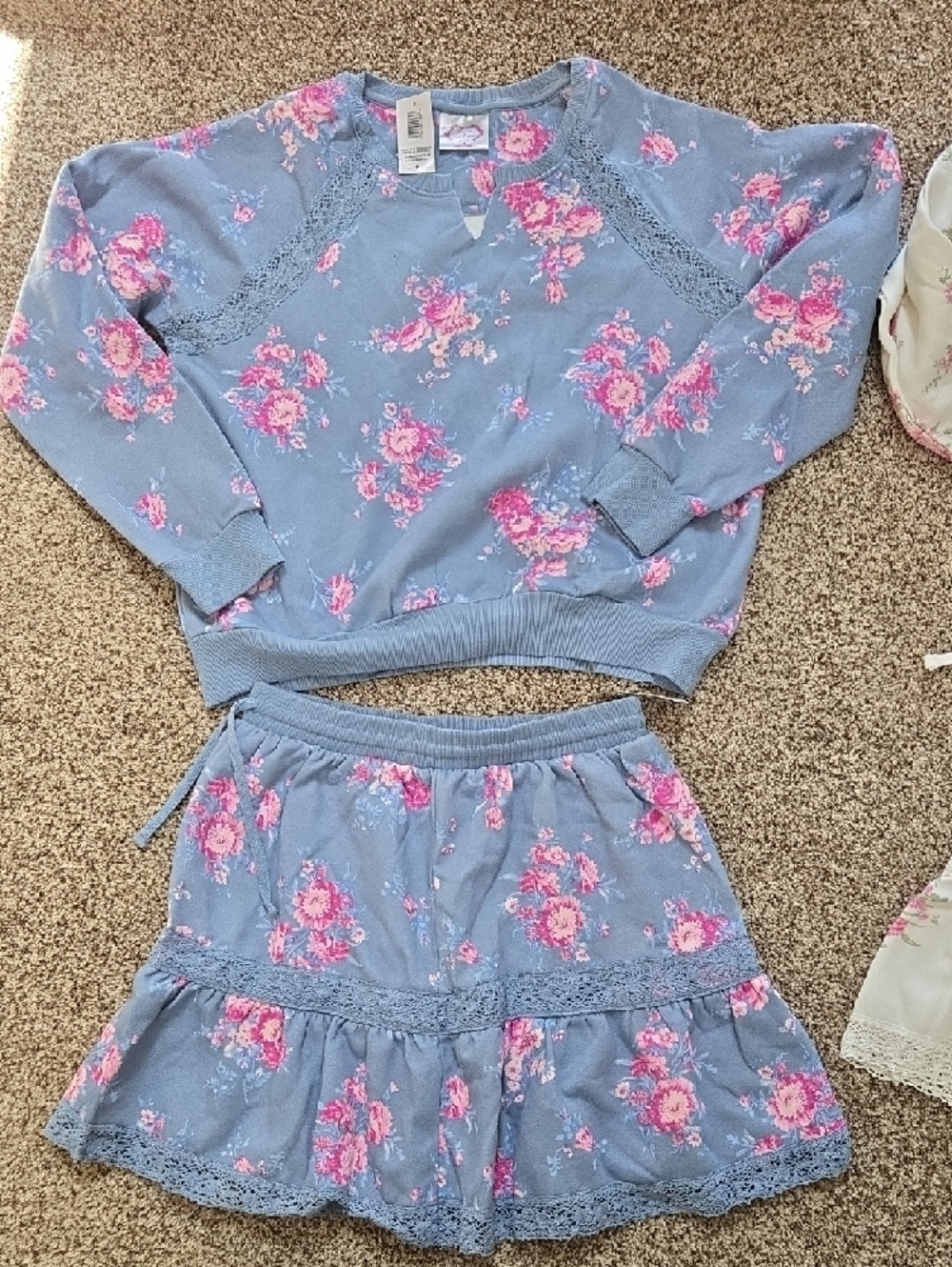 Shabby Chic Floral Skirt Sets in Blue and Cream with Pink Roses - Picture 2 of 5